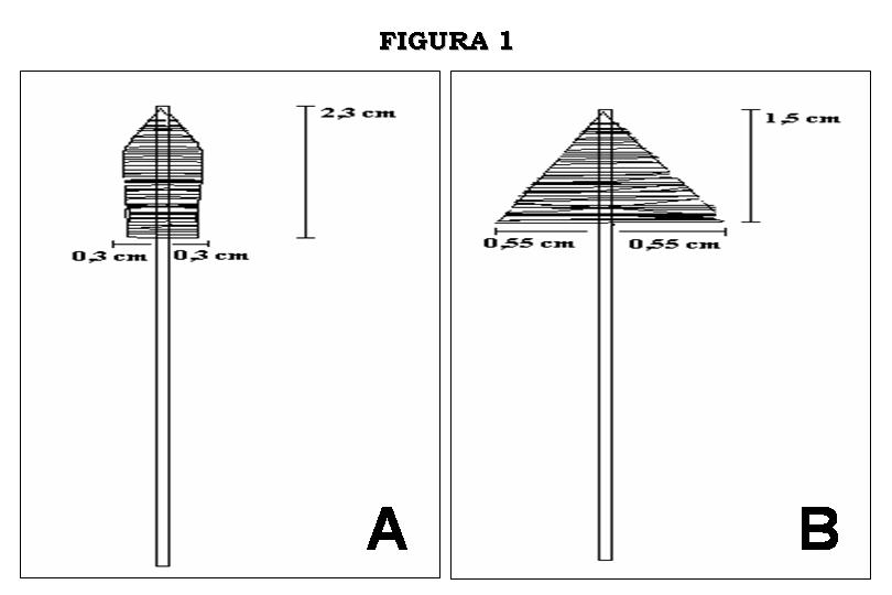 Figura 1. Comparao entre as escovas ginecolgicas utilizadas para a coleta endocervical (canal do colo do tero), utilizadas nos mtodos de: A. Citologia Convencional (CC) e, B. Citologia de Base Lquida (CBL).